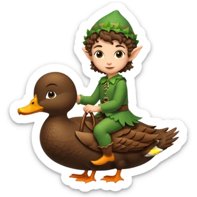 tiny forest elf short tight curly brown hair riding duck sticker