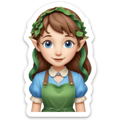 Kind happy whimsical quirky Girl toymaker, wood carving elf. Woodland creator. Blue eyes. brown hair (just below chin length) wavy hair & bangs. Whimsical playful cute sticker
