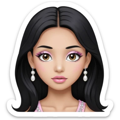 asian long black hair silver grey eyes glossy lips glittery white and light pink eyeshadow girl pearl earrings sticker