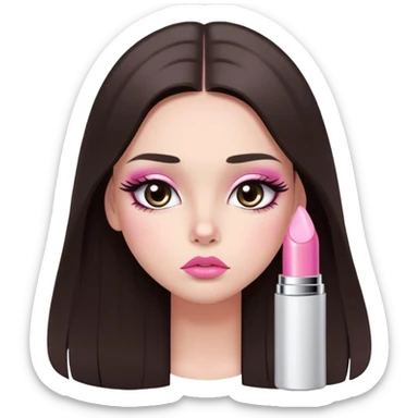 girl with lighter skin, dark brown long straight hair, pouty shiny lips with pink lip gloss, large eyes with eyelashes, pink blush on cheeks, inner eye highlighted with white eyeliner, lighter button nose, long oval-shaped face sticker