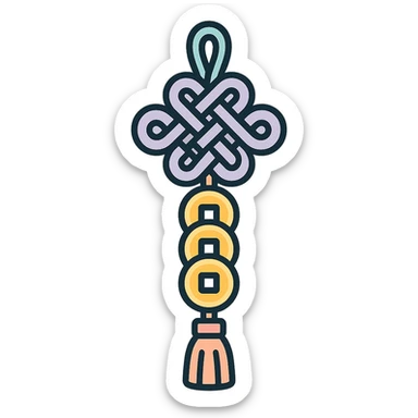 Chinese happiness knot with coins and tassel, icon-color-outlined style, detailed shadows and highlights, thin clean outlines, soft rounded shapes, pastel palette #98B5BC, #B5B3C1, #C9A3C9, #E4C0CA, #F7DCD1, #F7C0AA, modern Japanese pop art and sticker aesthetic, high detail, vector sharpness, soft lighting, transparent background sticker