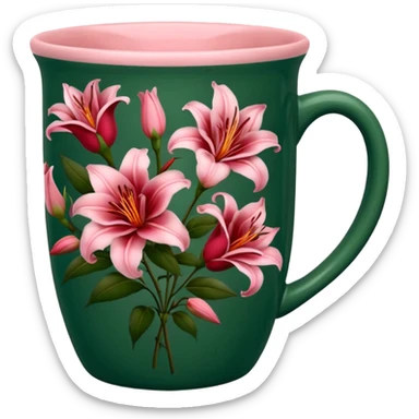 dark green mug, pottery no spoon, with dark red roses and pink lilies designed all over  sticker
