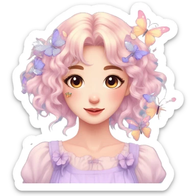 gorgeous pretty anime pastel lady with butterflies and beautiful hair fairycore cottagecore sticker