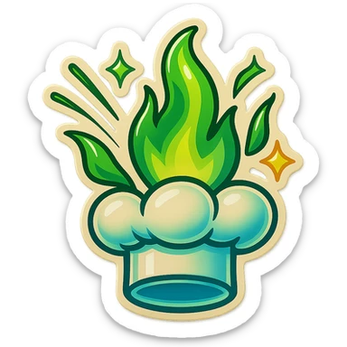 chef's hat explode with trails of fires, emoji, playful, magic flame green gradient, vibrant, flame matching style reference file sticker