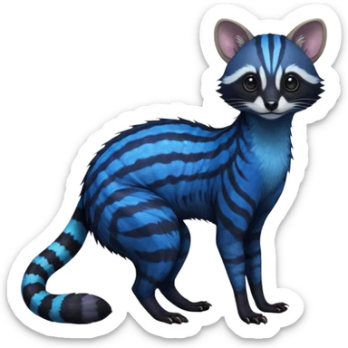 Feral Rare Fantasy iridescent scaly evil spooky vibrant dark shady shaded detailed deep-dark-cobalt-blue-gradients-colored colorful Genet-Trico-Civet-Cacomistle-Tanuki-Margay-species by LiLaiRa, with dark-blackish points, white belly, random markings, tufted tail, tufted ears, full body sticker