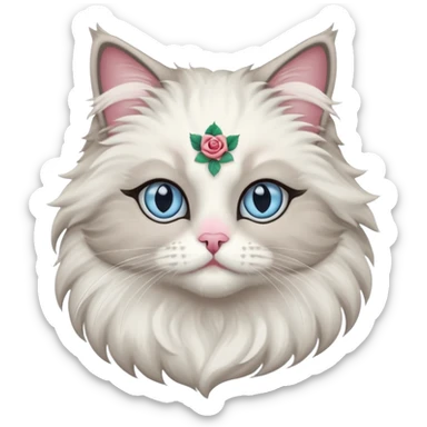 Neva masquerade cat, very fluffy, gray and white, with pale blue eyes and rose nose sticker