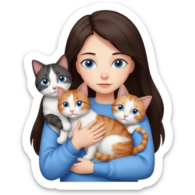 a girl with long dark 
brown hair, with blue eyes, in a
white sweater, hugs 3 different natural coloured cats sticker