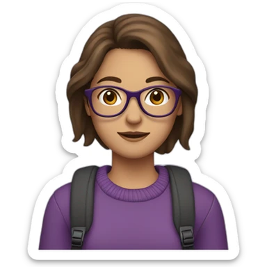 a girl with shoulder-length brown hair, in glasses, with a backpack, in a purple sweater sticker