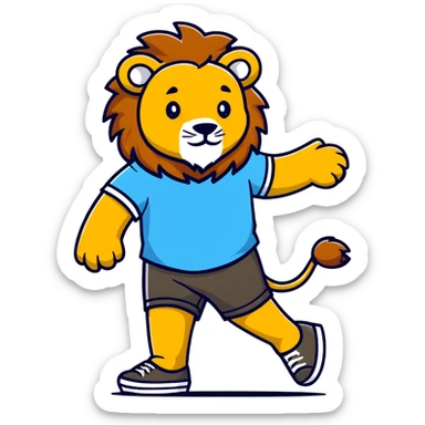 retro 1950s anthropomorphised lion in a t-shirt and shorts walking sticker