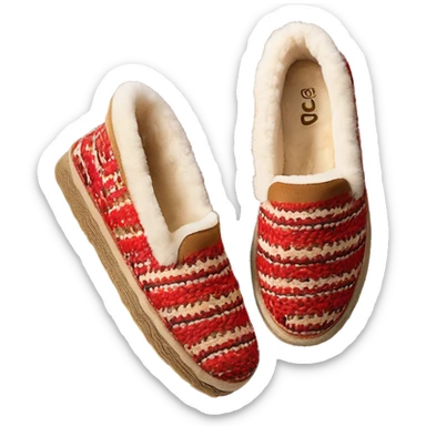 Camel slip-on slippers. thin red woven bohem zig-zag trim on the cuff, and a thick platform sole. “UGG” sticker