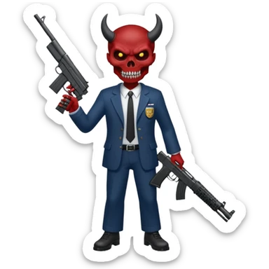 A Demon from hell that is dressed like a fbi agent with a machine gun, full body pointing the machine fun to the left. In the style of your bleeding skull artwork. sticker