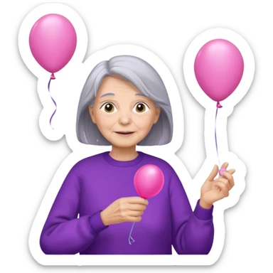 old lady, long grey hair, purple sweater, hold pink balloon sticker
