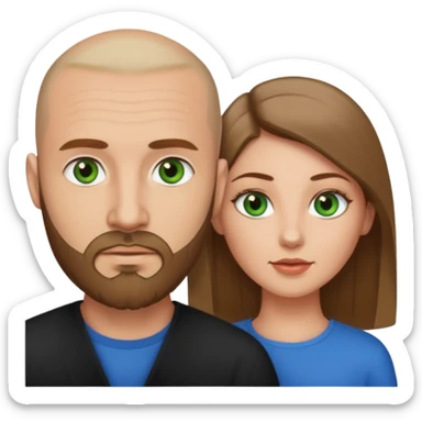 Man on left with shaved head with dark blonde beard and blue eyes, woman on the right with long dark brown hair green eyes  sticker