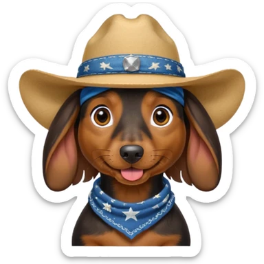 mostly black with some brown long hair daschund with a cowboy hat, ears curl out a bit and bandana and tongue slightly out sticker