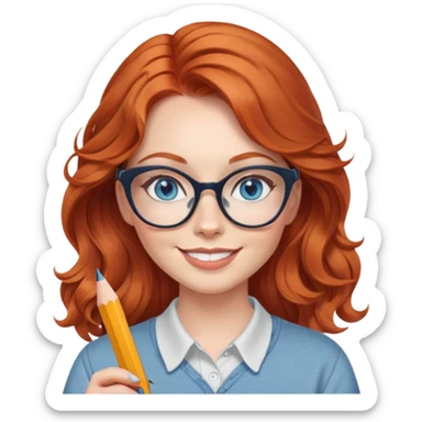redheaded woman with long wavy hair, blue eyes, cat-eye glasses, casual outfit, holding a pencil, smiling sticker
