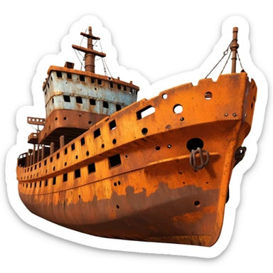 rusted ship wreck, heavily corroded metal hull, orange-brown rust textures, abandoned old ship, weathered surface, dramatic lighting, cinematic atmosphere, 3D cartoon style, mobile game environment art, clean composition, no people, no text, no watermark
 sticker
