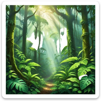 Cinematic Realistic Rainforest Emoji in a wooden frame, Lush and vibrant, filled with towering trees, thick vines, and dense green foliage, sunlight filtering through the canopy above, creating dappled patches of light on the rich, diverse undergrowth. The air is heavy with moisture, with mist rising from the forest floor and distant calls of exotic birds and animals echoing through the trees. Soft glowing outline, capturing the essence of a thriving, untamed tropical paradise filled with life! sticker