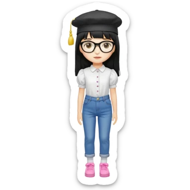 A yellow-skinned girl with long straight black hair, flat bangs, black frame glasses, a white puffy sleeve doll shirt, blue jeans and pink shoes, and a black painter's hat. sticker