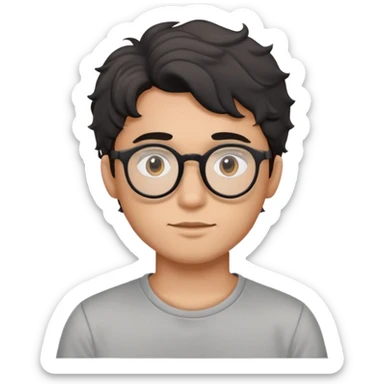 Young man with black wavy hair, round glasses, casual grey t-shirt sticker