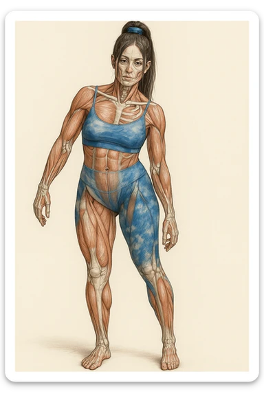 A realistic medical style illustration of a woman in sportswear with an asymmetric posture, showing visible muscles and bones, neutral background, vertical format. sticker
