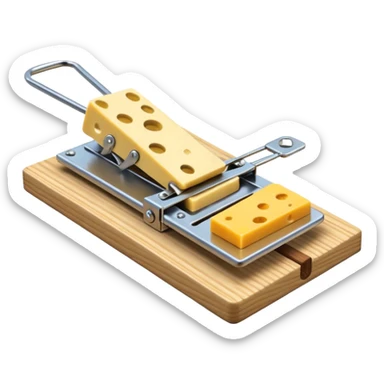 A 3D emoji in iOS emoji aesthetic style of a classic mousetrap with a wooden base and a metal spring mechanism, holding a small piece of yellow cheese, clean and detailed design, white background, glossy Apple-style rendering sticker