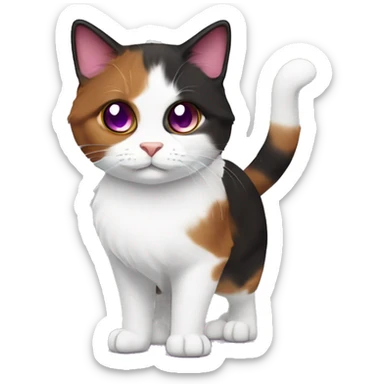 Calico cat with purple eyes and white pupils, dark brown, red, and white color, Munchkin Fluffy cat sticker