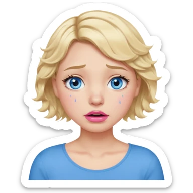 Girl Blonde short wavy hair,  blue eyes, cute blue top, long lashes, pink lips,crying with big tears running down the face  sticker