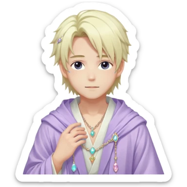 Beautiful gorgeous romantic blushing youthful handsome anime guy with beautiful pastel-whitish-special-gently-tousled-medium-long-hair, fashion aesthetic, ethereal, fairycore, pastelcore, layered robes, accessories, jewelries, colorful, shiny, trending style, outside sticker