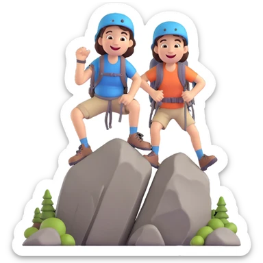 a hiker climbing rocks, laughing, cheerful expression sticker