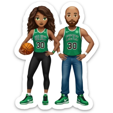 black woman & white man: 48-year-old black woman with Brown eyes, long dark brown balayage hair dressed in sexy 
celtics jersey costume outfit and stilettos with bald white man with Ginger face hair beard, and Blue eyes, in a Jason Tatum Boston Celtics Jersey, jeans and matching Nike sneakers  sticker