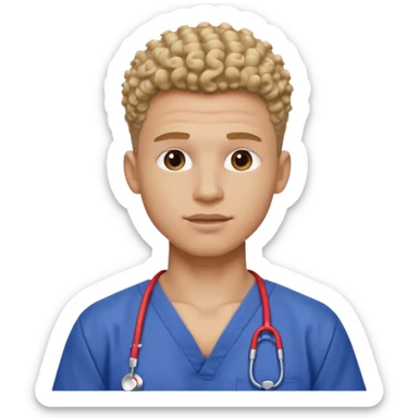 Ripped, athletic man with thick neck, high top fade with no part, curly hair only top only, no shirt and show waistline up add scrubs sticker
