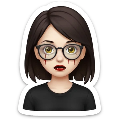 apple emoji zombie girl with dark brown emo hair and black shirt and glasses sticker