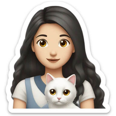 A girl with long dark hair and a white fluffy cat on her left shoulder sticker