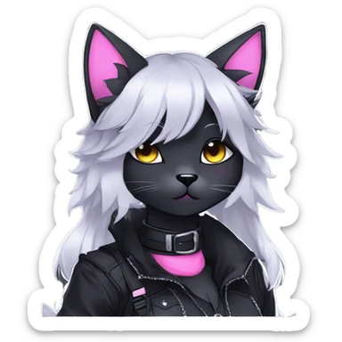Gorgeous furry gothic dark techwear anime style anthro black cat furry sona Fakemon with blushing face aesthetic and pretty edgy black with collar and harness trending style sticker