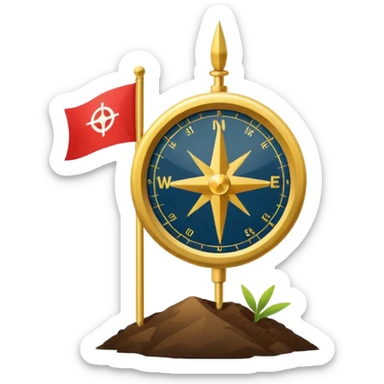 A minimal emoji of a compass pointing toward a planted flag. Flat design, confident colors, modern emoji style. Represents choosing direction and seeing it through to completion. Avoid corporate or motivational poster aesthetics. sticker