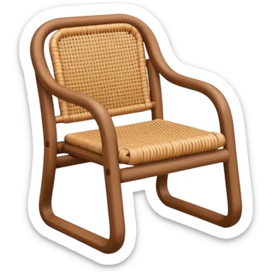A 3D cartoon wooden chair with woven rattan seat, clean composition, bright background, Memoji-style rendering. sticker
