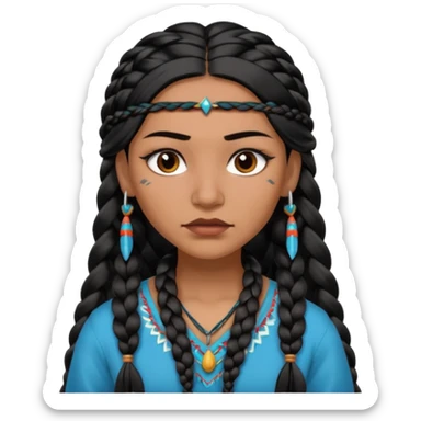 Attractive Native American woman with a wide face, baddie look, dark skin, Long braided black hair sticker
