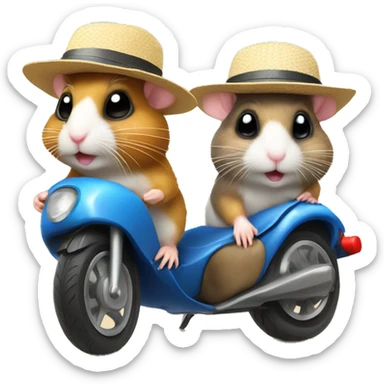 Two hamsters wearing swim shorts and sun hats driving by motorbike on the beach sticker