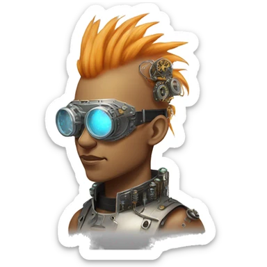 Light orange Mohawk hair make cyborg head with silver steampunk goggles and circuits sticker