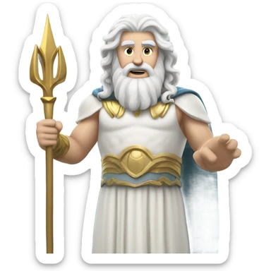 white man Poseidon with gold trident. long white hair white dress. driver sticker