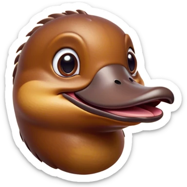Cinematic Comical Platypus Portrait Emoji, Head tilted dramatically with an exaggeratedly amused expression, featuring a striking, glossy brown fur with a whimsically flat duckbill and wide, expressive eyes full of playful disbelief, Simplified yet hilariously expressive features, highly detailed, glowing with a slightly sassy glow, high shine, dramatic yet playful, stylized with an air of cheeky aquatic mischief, bright and endearing, soft glowing outline, capturing the essence of a spirited and over‐the‐top platypus, so meme‐worthy it feels like it could quack its way into internet fame instantly! sticker
