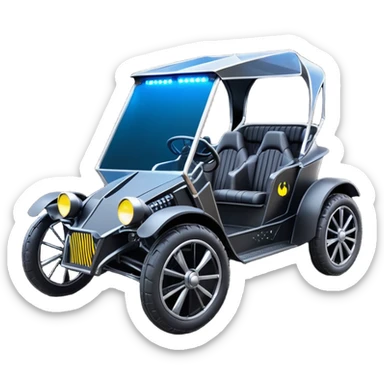 Mad max survival apocalypse ghostly sporty antique electric Darth Vader’s Batman-armored 1876 black graphite colored enclosed twin seat town buggy with horizontal holographic 3d stars painted on the body sides and neon under glow  sticker