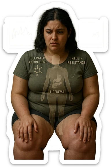 cinematic realistic in italiano Woman with PCOS struggling with hormonal chaos, transparent overlay showing elevated androgens and insulin resistance affecting her body, lipedema causing disproportionate fat accumulation in legs and arms despite normal torso, expression of frustration with unexplained weight gain, medical charts showing complex endocrine dysfunction, painful swollen limbs contrasting with metabolic confusion in italiano sticker