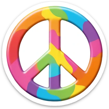 A round hippie colored button with a peace sign in the center sticker