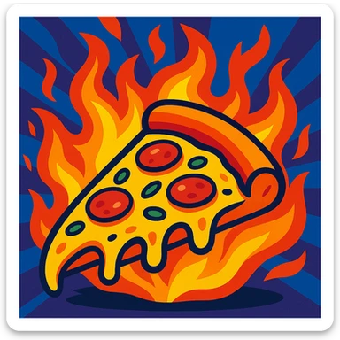 flaming pizza, bold and colorful, vibrant and dynamic cartoon style, energetic illustration sticker