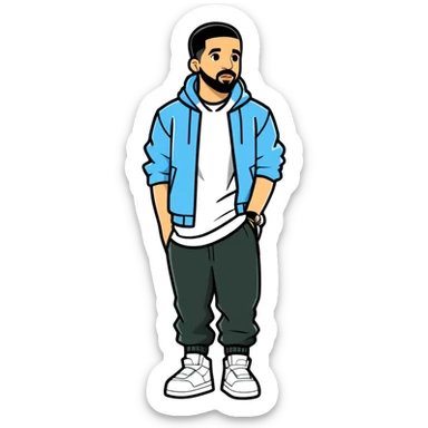 8k, 5000x5000px, 1.5wx1.5h, clean, smooth lines, no background. Celebrity actor and rapper from Scarborough ontario, 2022 digital full body view illustration of Drake sticker