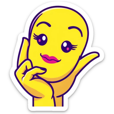 Classic yellow emoji face with closed eyes that form upward curved lines, eyelashes, pursed lips with lipstick, and a hand gesture with only the thumb out while other fingers are closed, all nails painted sticker