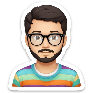 young adult man with light skin, short beard, dark wavy hair, relaxed expression, very wide rectangular glasses with thick black acetate frame and thick double bridge, retro oversized style, colorful open shirt and white t-shirt sticker