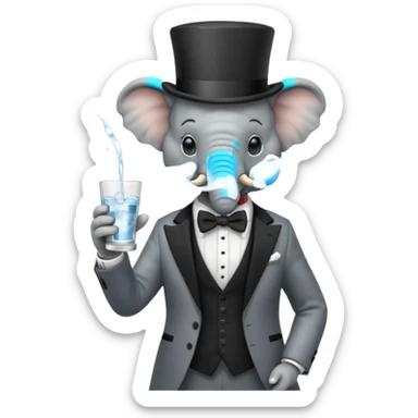 elephant wearing suit, bowtie and top hat, holding glass of water sticker