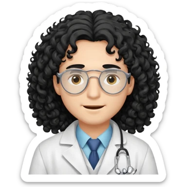 a young male doctor with black long curly hair cover his eyes a little bit and cheerful face sticker